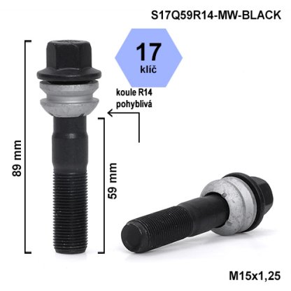 Kolový šroub M15x1,25x59 kulová R14 pohyblivá, klíč 17 (S17Q59R14F-MW-BLACK) výška 89mm
