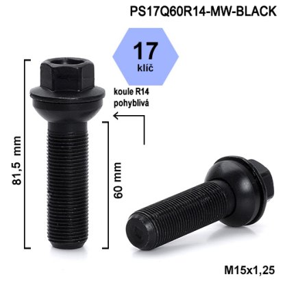 Kolový šroub M15x1,25x60 kulová R14 pohyblivá, klíč 17 (PS17Q60R14-MW-BLACK) výška 81,5mm