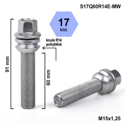 Kolový šroub M15x1,25x60 kulová R14 pohyblivá, klíč 17 (S17Q60R14E-MW) výška 91mm