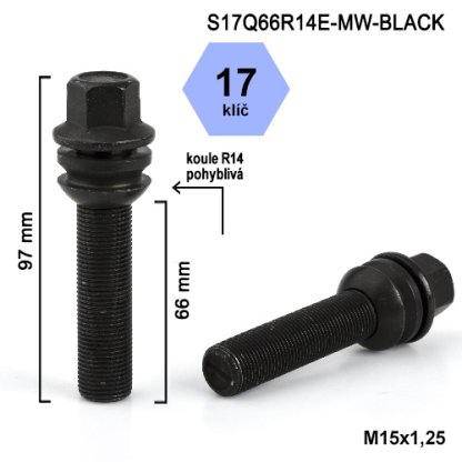 Kolový šroub M15x1,25x66 kulová R14 pohyblivá, klíč 17 (S17Q66R14E-MW-BLACK) výška 97mm