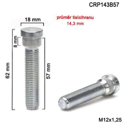 Kolový svorník M12x1,25x57 tisícihran průměr 14,3mm (CRP143B57) celková délka 62mm