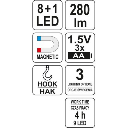 Lampa montážní 8+1 LED, hák+magnet, YATO
