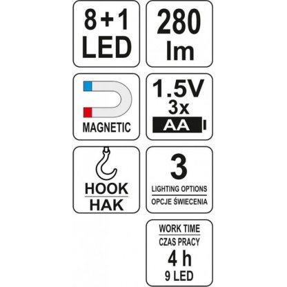 Lampa montážní 8+1 LED, hák+magnet - YT-08513
