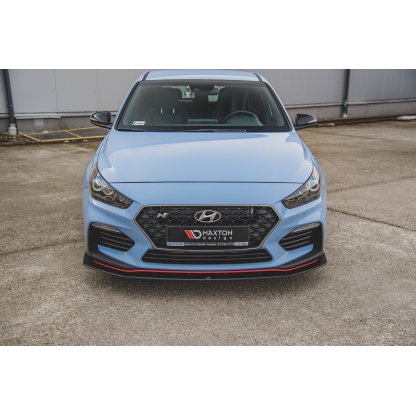 Maxton Design "Racing durability" spoiler pod přední nárazník s rohovými splittery pro Hyundai i30 N Mk3, černý lesklý plast ABS, s černou a červenou linkou