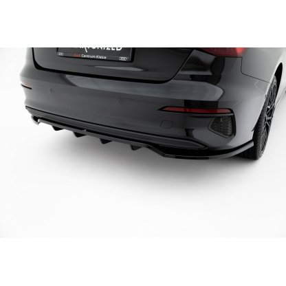 Maxton Design spoiler pod zadní nárazník s žebrováním pro Audi A3 8Y, černý lesklý plast ABS, plast ABS bez povrchové úpravy, Sedan