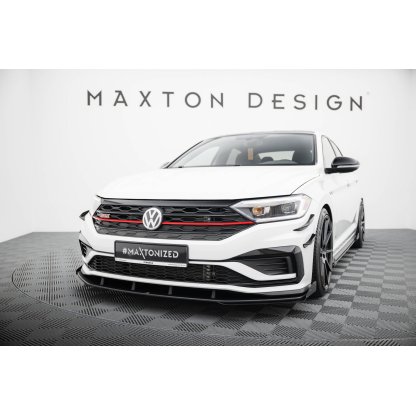Maxton Design "Street Pro" spoiler pod přední nárazník s křidélky pro Volkswagen Jetta Mk7 GLI, černý lesklý plast ABS, s černou linkou