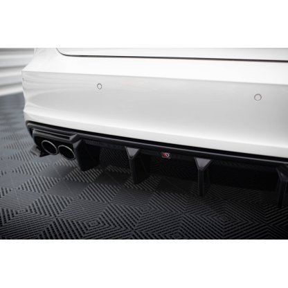Maxton Design vložka zadního nárazníku pro Audi A3 8V, černý lesklý plast ABS, S-Line Sportback, verze s dvojitou koncovkou na jedné straně