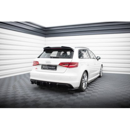 Maxton Design vložka zadního nárazníku pro Audi A3 8V, černý lesklý plast ABS, S-Line Sportback, verze s dvojitou koncovkou na jedné straně
