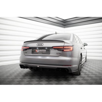 Maxton Design vložka zadního nárazníku pro Audi A4 B9, černý lesklý plast ABS, S-Line Sedan / S-Line Avant, verze s dvojitou koncovkou na jedné straně