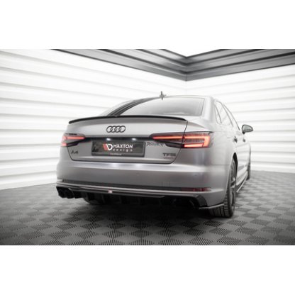 Maxton Design vložka zadního nárazníku pro Audi A4 B9, černý lesklý plast ABS, S-Line Sedan / S-Line Avant, verze s dvojitou koncovkou na jedné straně