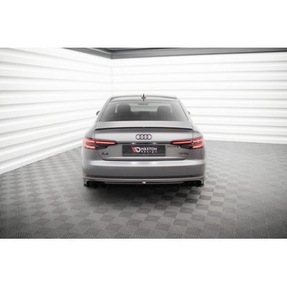 Maxton Design vložka zadního nárazníku pro Audi A4 B9, černý lesklý plast ABS, S-Line Sedan / S-Line Avant, verze s dvojitou koncovkou na jedné straně