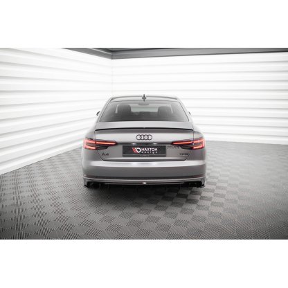 Maxton Design vložka zadního nárazníku pro Audi A4 B9, černý lesklý plast ABS, S-Line Sedan / S-line Avant, verze s jednoduchou koncovkou na jedné straně