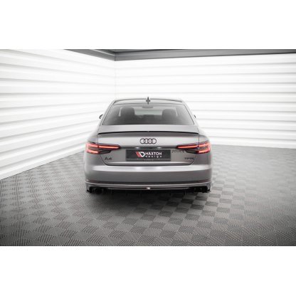 Maxton Design vložka zadního nárazníku pro Audi A4 B9, černý lesklý plast ABS, S-Line Sedan / S-line Avant, verze s jednoduchou koncovkou na jedné straně