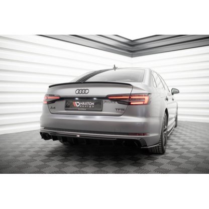 Maxton Design vložka zadního nárazníku pro Audi A4 B9, černý lesklý plast ABS, S-Line Sedan / S-line Avant, verze s jednoduchou koncovkou na jedné straně