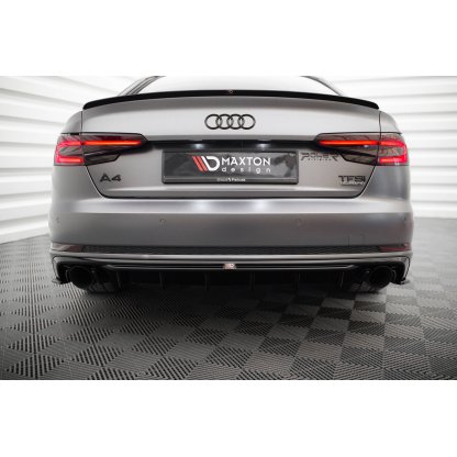 Maxton Design vložka zadního nárazníku pro Audi A4 B9, černý lesklý plast ABS, S-Line Sedan / S-Line Avant, verze s jednoduchou koncovkou na obou stranách