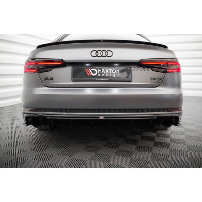 Maxton Design vložka zadního nárazníku pro Audi A4 B9, černý lesklý plast ABS, S-Line Sedan / S-Line Avant, verze s jednoduchou koncovkou na obou stranách