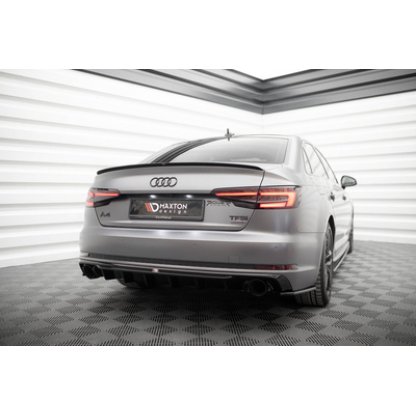 Maxton Design vložka zadního nárazníku pro Audi A4 B9, černý lesklý plast ABS, S-Line Sedan / S-Line Avant, verze s jednoduchou koncovkou na obou stranách