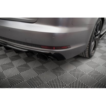 Maxton Design vložka zadního nárazníku pro Audi A4 B9, černý lesklý plast ABS, S-Line Sedan / S-Line Avant, verze s jednoduchou koncovkou na obou stranách