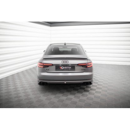 Maxton Design vložka zadního nárazníku pro Audi A4 B9, černý lesklý plast ABS, S-Line Sedan / S-Line Avant, verze s jednoduchou koncovkou na obou stranách