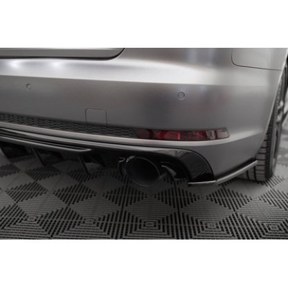 Maxton Design vložka zadního nárazníku pro Audi A4 B9, černý lesklý plast ABS, S-Line Sedan / S-Line Avant, verze s jednoduchou koncovkou na obou stranách