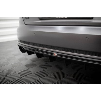 Maxton Design vložka zadního nárazníku pro Audi A4 B9, černý lesklý plast ABS, S-Line Sedan / S-Line Avant, verze s jednoduchou koncovkou na obou stranách