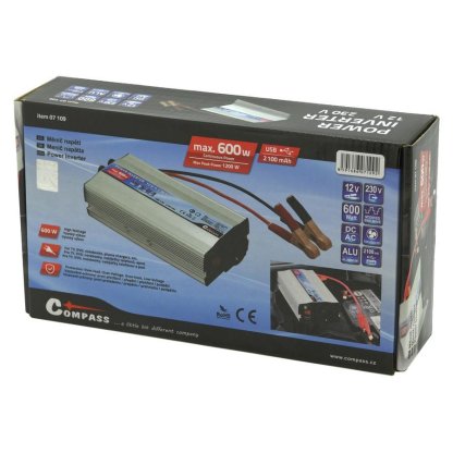 Měnič napětí 12/230V 600W + USB, 07109