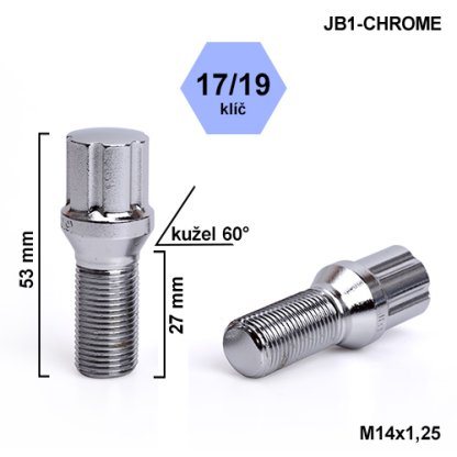 Montážní sada JB1-CHROME kolový šroub 20ks M14x1,25x27mm kužel, hlava 6SPLINE klíč 17/19