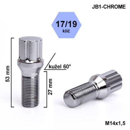 Montážní sada JB1-CHROME kolový šroub 20ks M14x1,5x27mm kužel, hlava 6SPLINE klíč 17/19