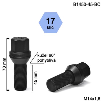 Montážní sada Vossen B1450-45-BC kol.šrouby černé 20ks M14x1,5x45 kužel pohyblivá,klíč 17