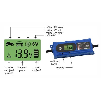 Nabíječka mikroprocesor 4Amp 6/12V Pb/GEL LCD display, 07146