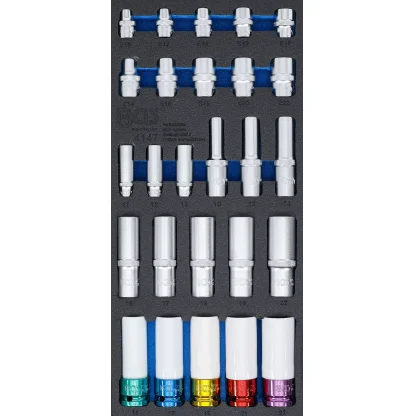 Nástrčné klíče v pěnové výplni, 1/2", 3/8", 1/4", 11 - 22 mm, E10 - E22, 26 ks - B4147