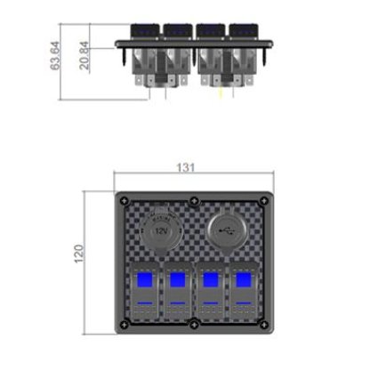Panel s 4x spínači Rocker, CL + USB zásuvka, 12/24V