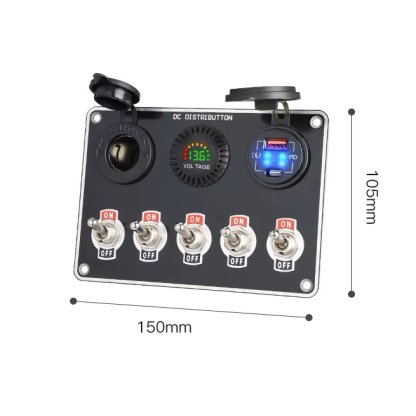 Panel s 5x spínači + 2x USB/Voltmetr a CL zásuvka, 12/24V