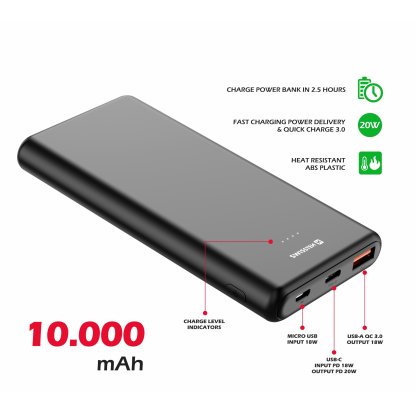 Power Bank SWISSTEN Power Line 10000 mAh 20W POWER DELIVERY, černá, 47981