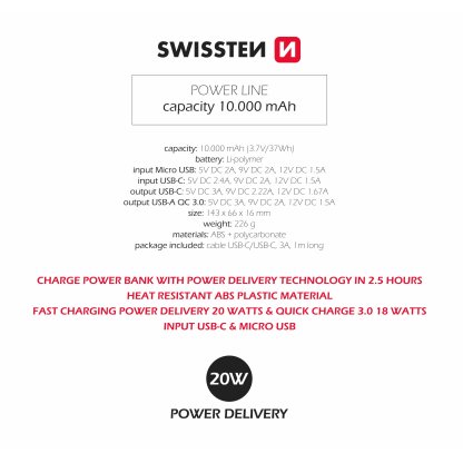 Power Bank SWISSTEN Power Line 10000 mAh 20W POWER DELIVERY, černá, 47981