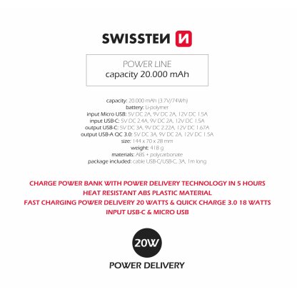 Power Bank SWISSTEN Power Line 20000 mAh 20W POWER DELIVERY, černá, 47982