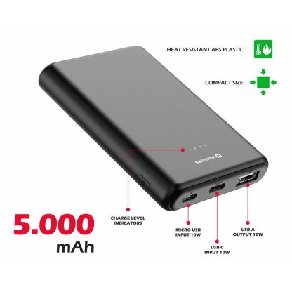 Power Bank SWISSTEN Power Line 5000 mAh 10W, černá, 47980