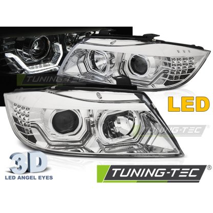 Přední světla 3D LED angel eyes, LED blinkr BMW E90/E91 05-08 chromová