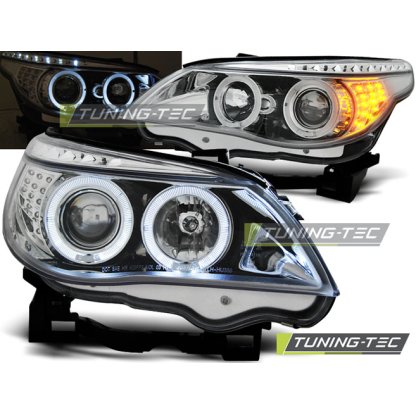 Přední světla angel eyes s LED BMW E60/E61 03-07 LED blinkr chrom