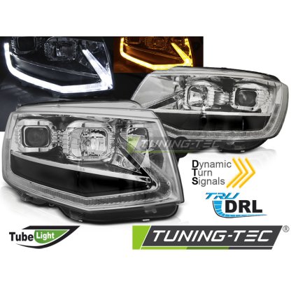 Přední světla LED s denními světly, LED dynamickým blinkrem pro VW T6 09-15 chromová