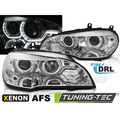 Přední světla xenon D1S 3D LED DRL angel eyes, AFS BMW X5 E70 07-10 chromová