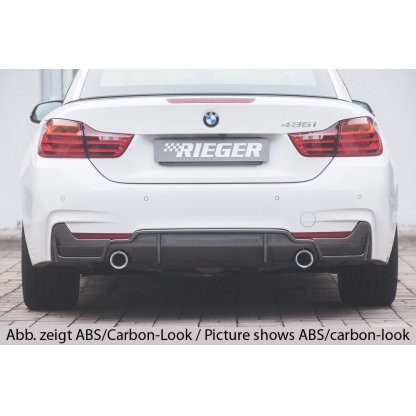Rieger vložka zadního nárazníku (pouze 435i) pro BMW řada 4 F32, F33, F36 coupe (3-dvéř.), gran coupe (5-dvéř.), kabriolet vč. faceliftu, plast ABS lakovaný do černé lesklé barvy, pro orig. koncovky na obou stranách (435i/440i look)