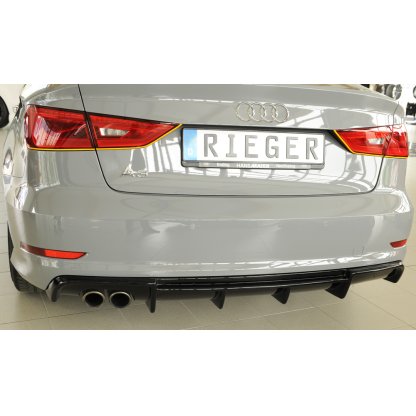 Rieger vložka zadního nárazníku pro Audi A3 8V 3-dvéř. (convertible 8V7), 5-dvéř. (sedan 8VS) před faceliftem, plast ABS lakovaný do černé lesklé barvy, pro dvojitou koncovku vlevo