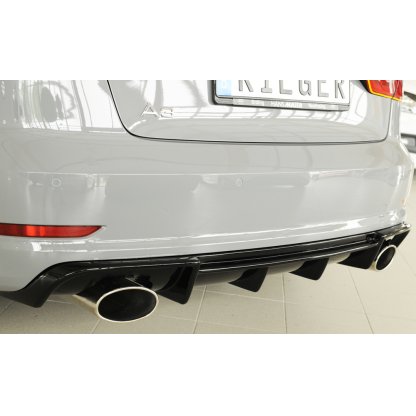 Rieger vložka zadního nárazníku pro Audi A3 8V 3-dvéř. (convertible 8V7), 5-dvéř. (sedan 8VS) před faceliftem, plast ABS lakovaný do černé lesklé barvy, pro sportovní koncovky na obou stranách 152x95 mm