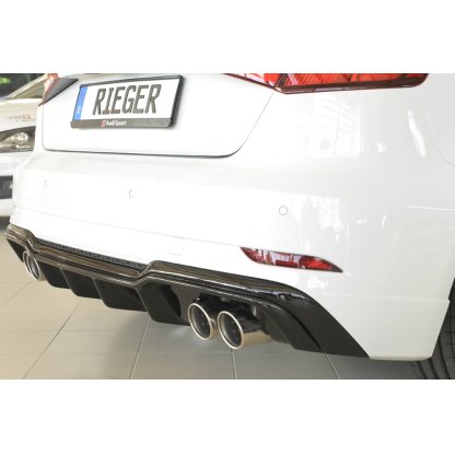 Rieger vložka zadního nárazníku pro Audi A3 8V 3-dvéř. (hatchback 8V1), 5-dvéř. (sportback 8VA) po faceliftu, plast ABS lakovaný do černé lesklé barvy, pro dvojité koncovky na obou stranách 4x90 mm