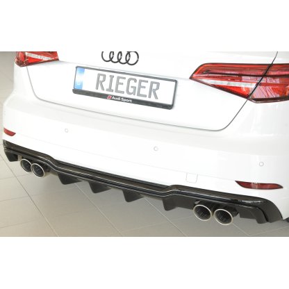 Rieger vložka zadního nárazníku pro Audi A3 8V 3-dvéř. (hatchback 8V1), 5-dvéř. (sportback 8VA) po faceliftu, plast ABS lakovaný do černé lesklé barvy, pro dvojité koncovky na obou stranách 4x90 mm