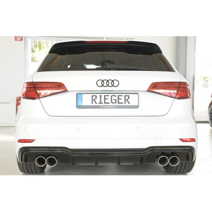 Rieger vložka zadního nárazníku pro Audi A3 8V 3-dvéř. (hatchback 8V1), 5-dvéř. (sportback 8VA) po faceliftu, plast ABS lakovaný do černé lesklé barvy, pro dvojité koncovky na obou stranách 4x90 mm