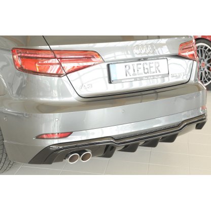 Rieger vložka zadního nárazníku pro Audi A3 8V 3-dvéř. (hatchback 8V1), 5-dvéř. (sportback 8VA) po faceliftu, plast ABS lakovaný do černé lesklé barvy, pro dvojitou koncovku vlevo
