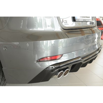 Rieger vložka zadního nárazníku pro Audi A3 8V 3-dvéř. (hatchback 8V1), 5-dvéř. (sportback 8VA) po faceliftu, plast ABS lakovaný do černé lesklé barvy, pro dvojitou koncovku vlevo