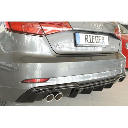 Rieger vložka zadního nárazníku pro Audi A3 8V 3-dvéř. (hatchback 8V1), 5-dvéř. (sportback 8VA) po faceliftu, plast ABS lakovaný do černé lesklé barvy, pro dvojitou koncovku vlevo